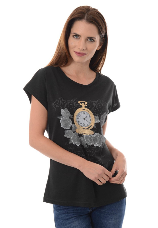 Damska Koszulka Krótki Rękaw Nadruk Zegar Czarna