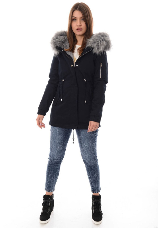 Piękna Damska Kurtka Parka 2w1 Emilia Granatowa z Szarym Futerkiem