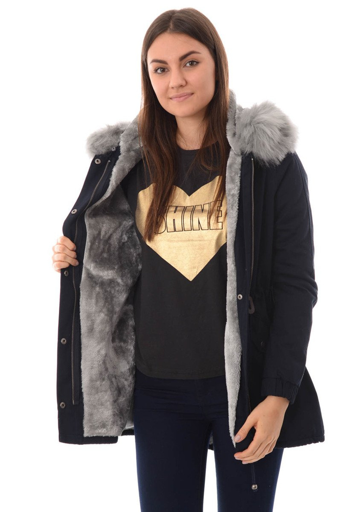 Piękna Damska Kurtka Parka Iwet Ciemno Granatowa Z Szarym Futerkiem