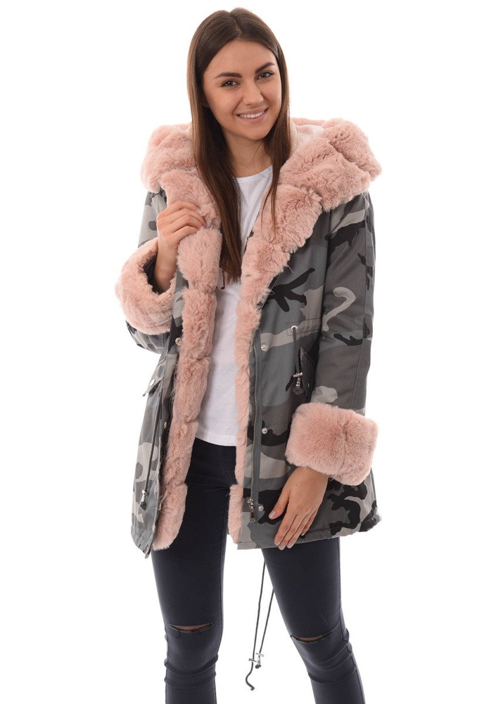 Damska Parka Kurtka Moro Szara Z Różowym Futerkiem