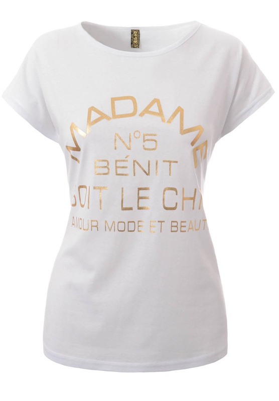 Damska Koszulka T-Shirt Krótki Rękaw Nadruk Madame Biała