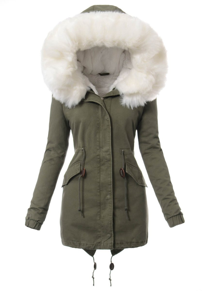 Damska Kurtka Parka Zimowa 2w1 Zielona z Białym Futerkiem