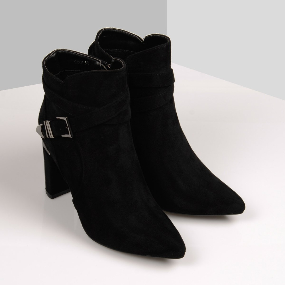 Botki Na Obcasie Szpic Ozdobne Paski Czarne