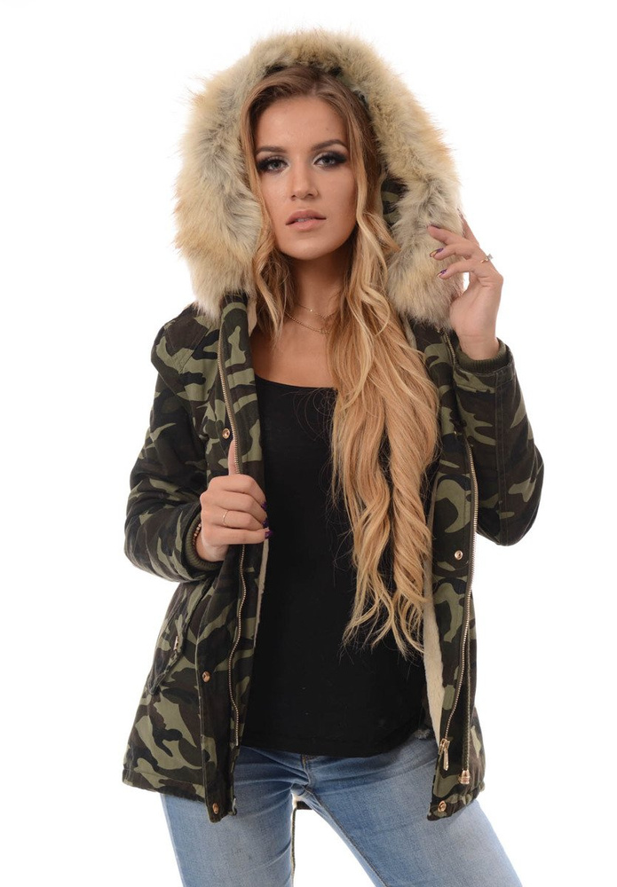 Damska Zimowa Kurtka Parka Moro Z Beżowym Futerkiem