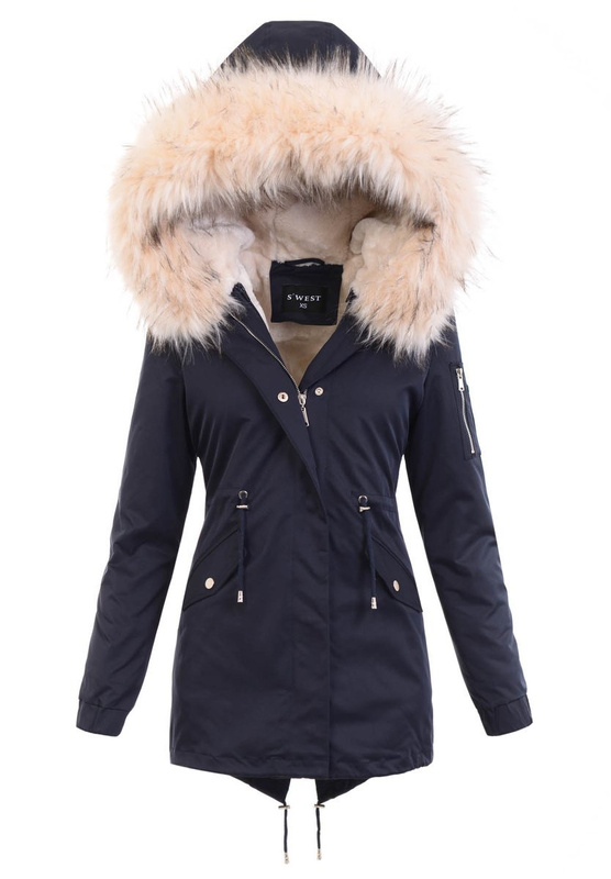 Damska Kurtka Parka 2w1 Dagmara Granatowa z Futerkiem Ecru