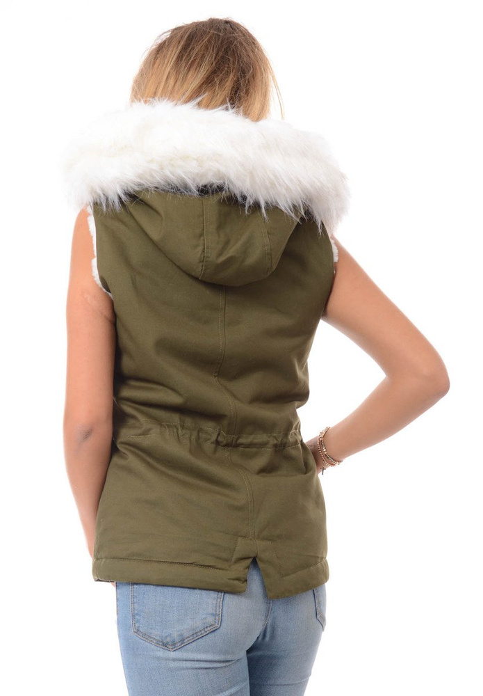 Damska Kamizelka Bezrękawnik Ilona Zielony z Białym Futerkiem