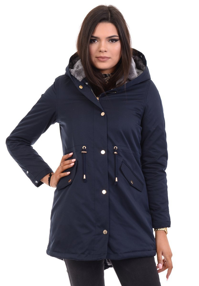 Damska Kurtka Parka Zimowa Wanessa Granatowa Z Szarym Futerkiem