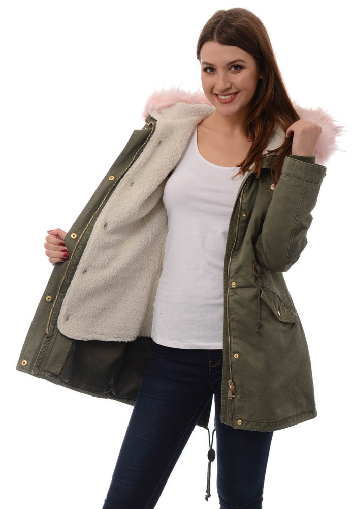 Damska Kurtka Parka Zimowa 2w1 Mila Zielona z Różowym Futerkiem
