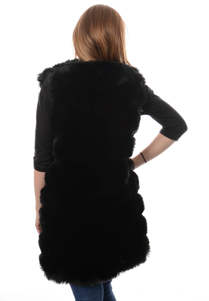 Damska Długa Futrzana Kamizelka Narzutka Czarna