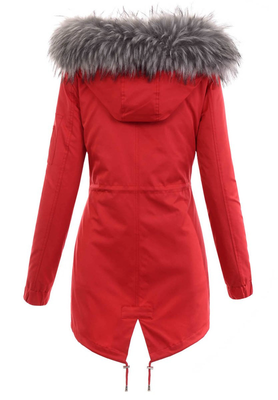 Damska Kurtka Parka 2w1 Dagmara Czerwona z Szarym Futerkiem