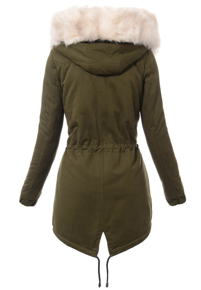 Piękna Damska Kurtka Parka Zielona z Białym Futerkiem