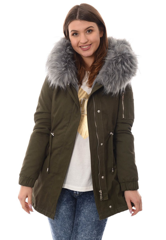 Piękna Damska Kurtka Parka 2w1 Emilia Zielona z Szarym Futerkiem