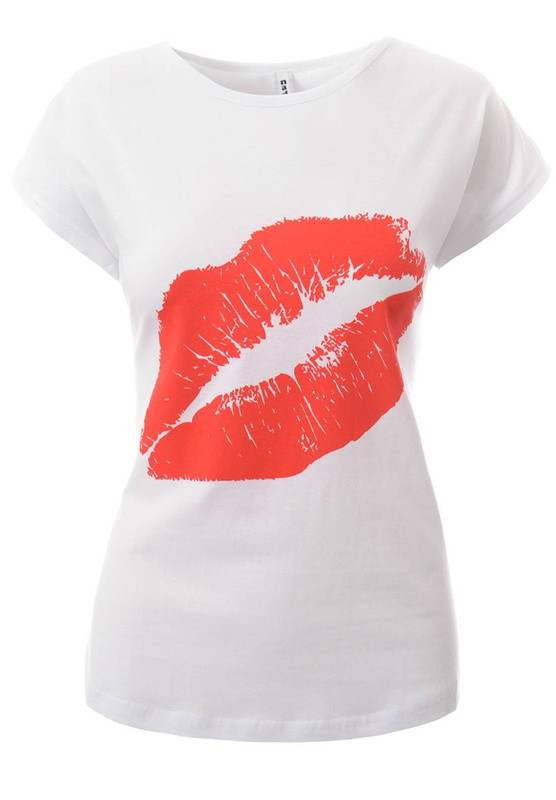Damska Koszulka Krótki Rękaw T-Shirt Nadruk Usta Biała