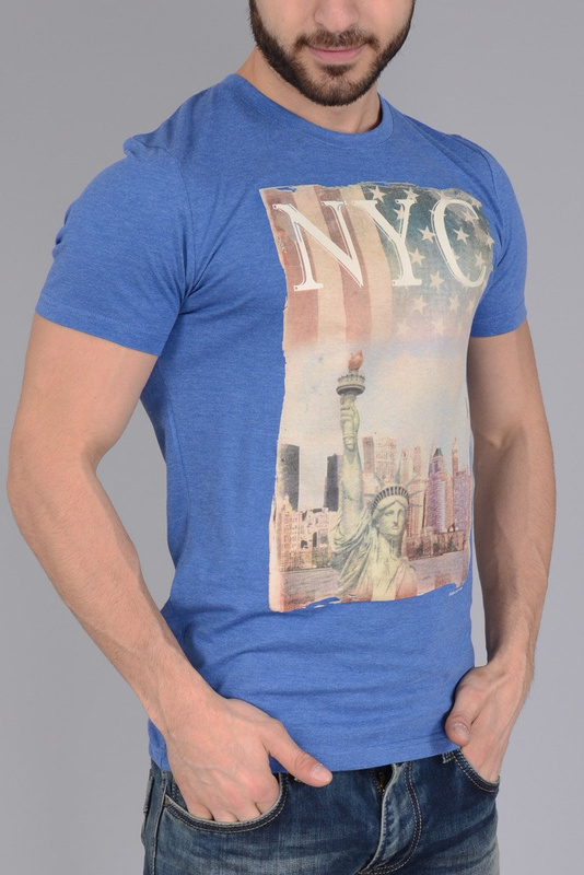 Męska Koszulka T-shirt Nadruk NY Niebieska