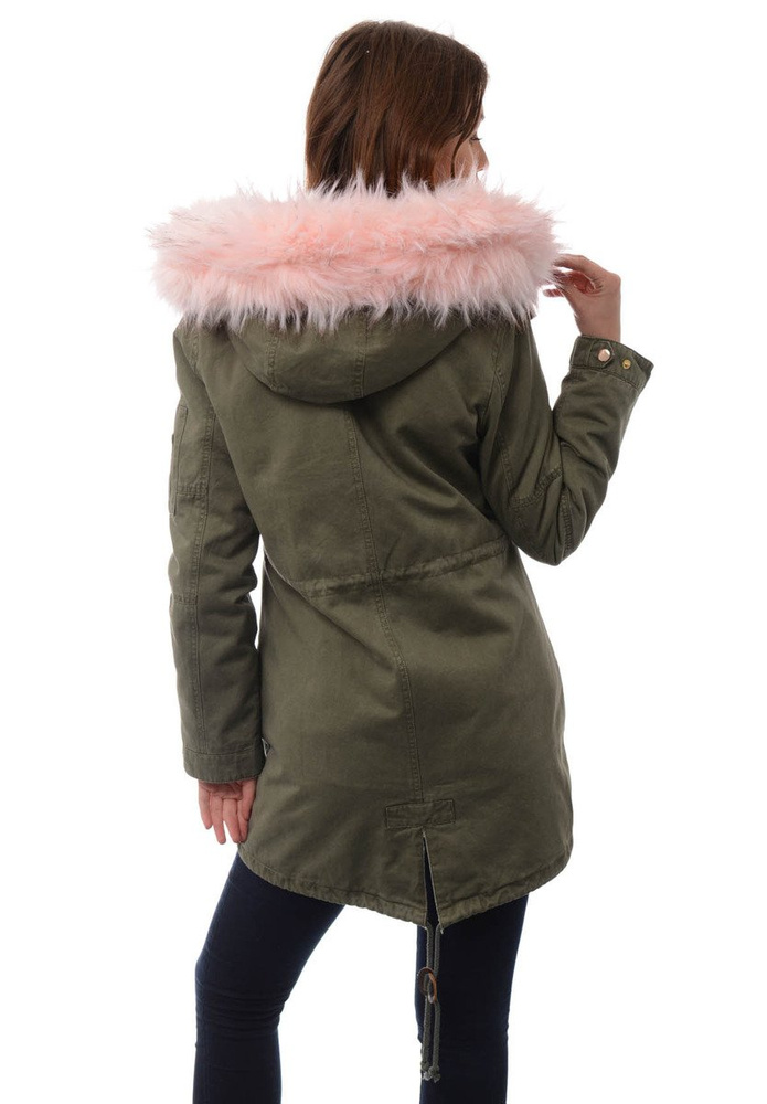 Damska Kurtka Parka Zimowa 2w1 Mila Zielona z Różowym Futerkiem