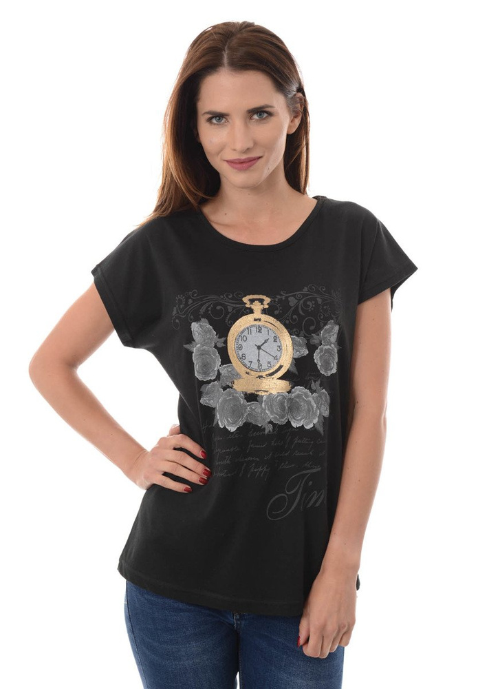 Damska Koszulka Krótki Rękaw Nadruk Zegar Czarna