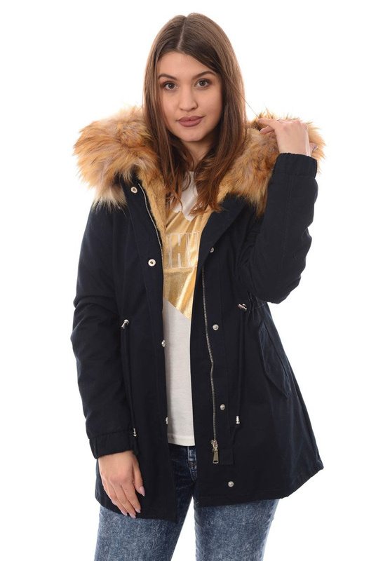 Piękna Damska Kurtka Parka 2w1 Emilia Granatowa z Brązowym Futerkiem