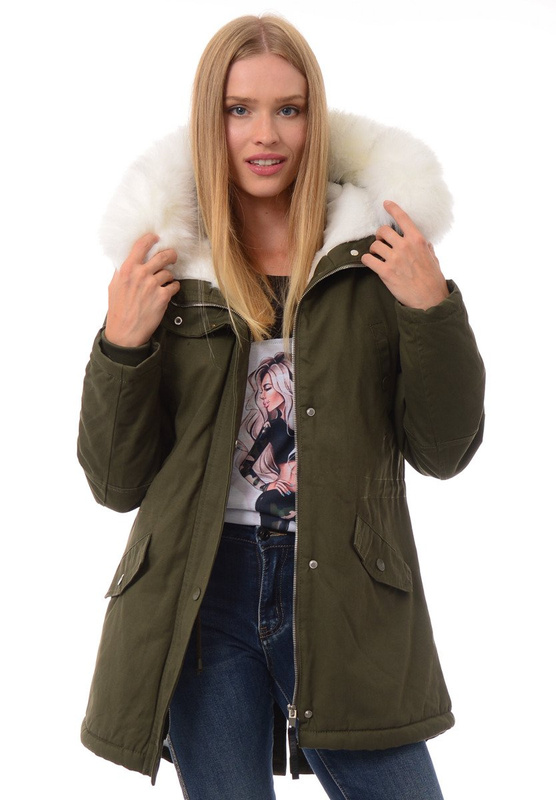 Kurtka Parka Jula Zielona Z  Białym Futrem