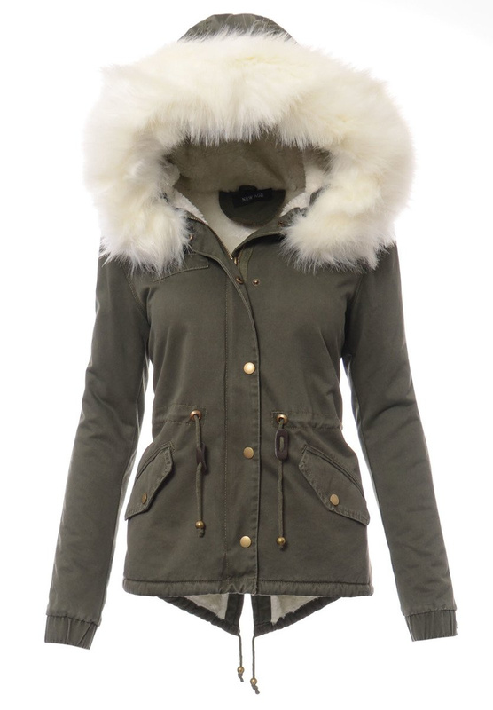 Piękna Damska Kurtka Parka Lora Zielona z Białym Futerkiem
