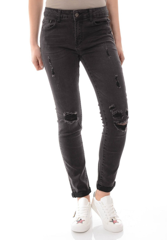 Damskie Spodnie Jeansy Rurki Przetarcia Czarne