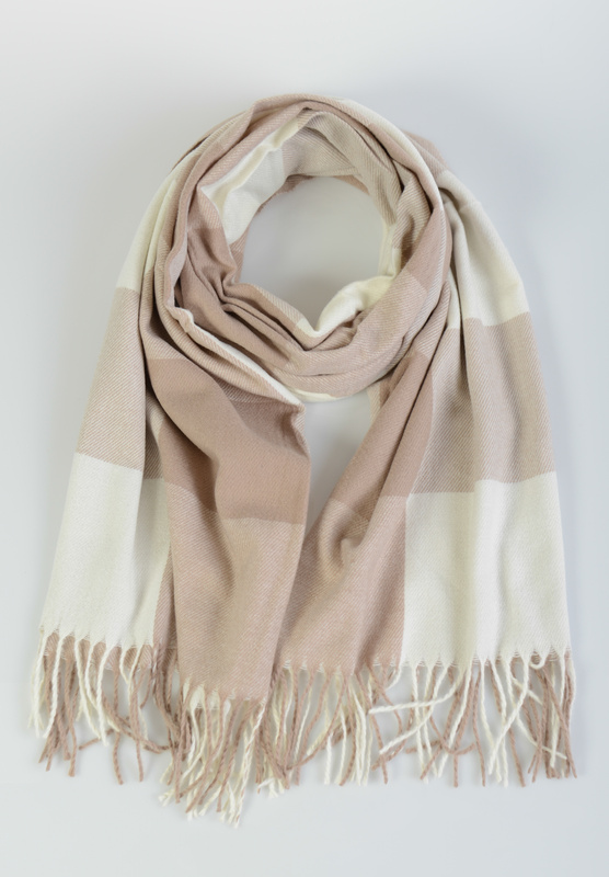 Szal Damski Brązowo-Beżowy W Kratę