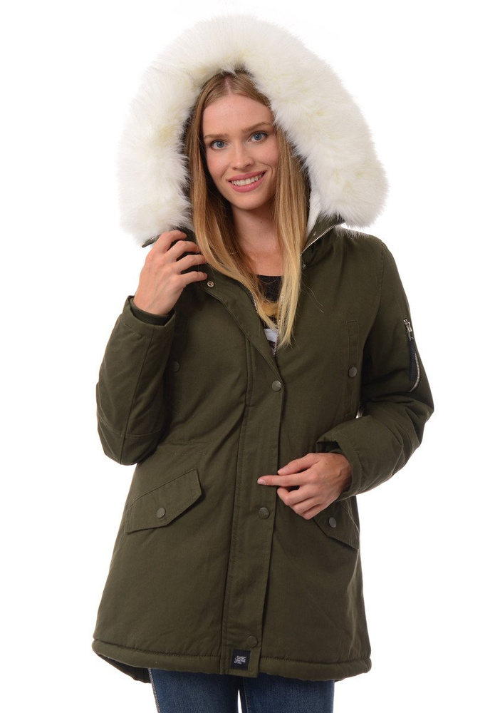 Kurtka Parka Jula Zielona Z Białym Futrem