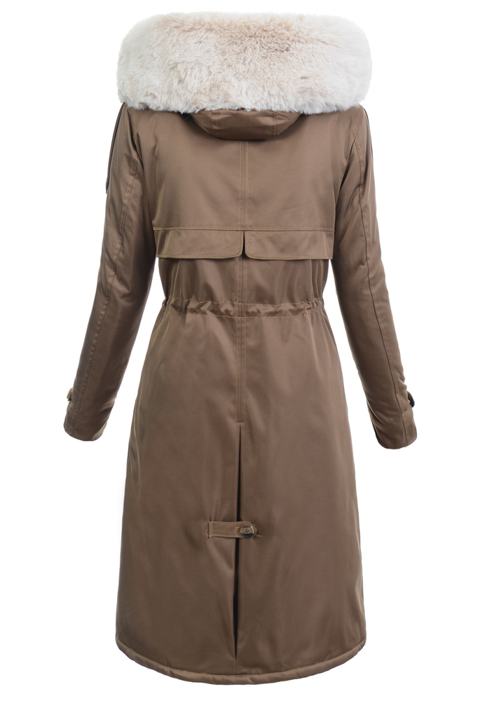 Damska Kurtka Parka Zimowa Dominika Brązowa Z Futerkiem Ecru