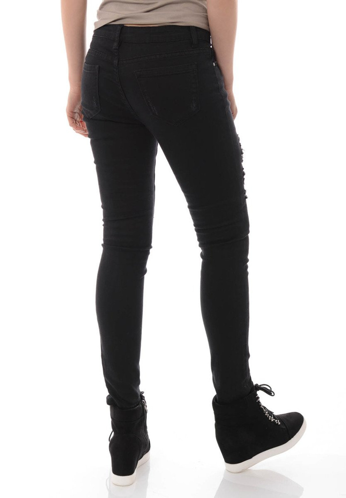 Damskie Spodnie Jeansy Rurki Przetarcia Czarne
