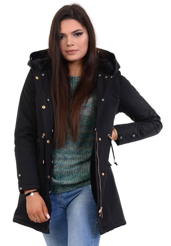 Damska Kurtka Parka Zimowa Wanessa Czarna Z Czarnym Futerkiem