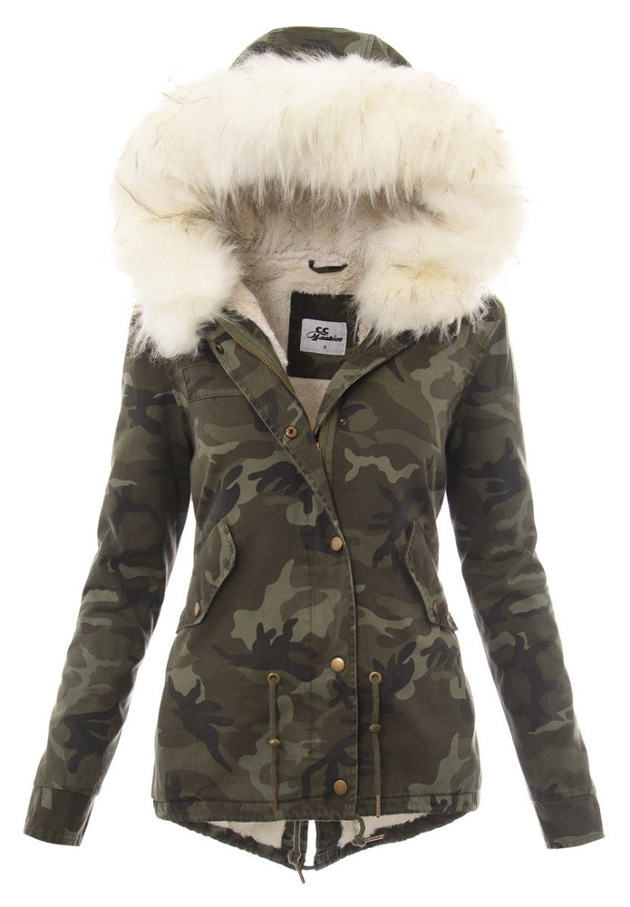 Damska Kurtka Parka Przejściowa Moro z Białym Futerkiem