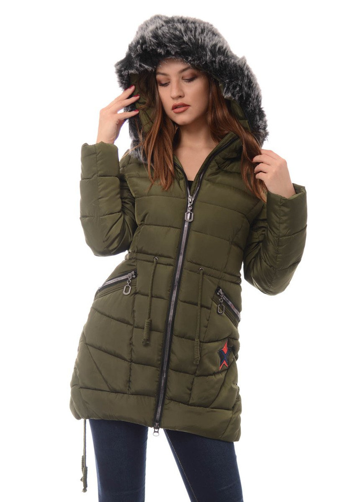 Damska Długa Zimowa Kurtka Ortalionowa Daga Zielona