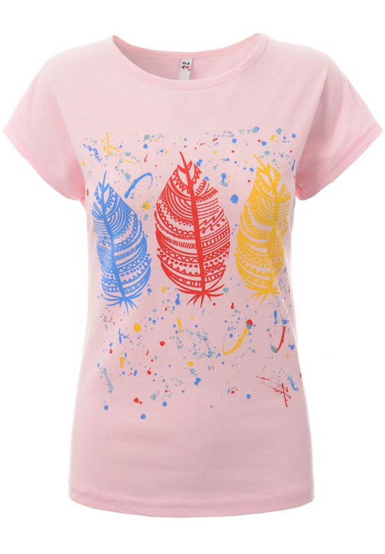 Damska Koszulka Krótki Rękaw T-Shirt Nadruk Pióra Różowa
