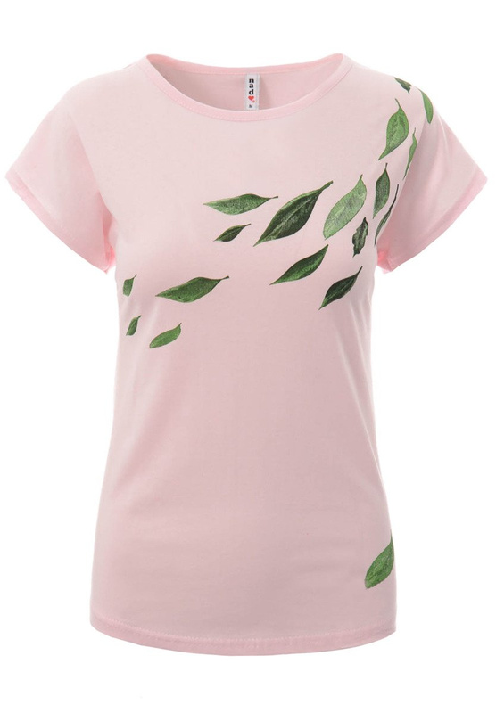 Damska Koszulka Krótki Rękaw T-Shirt Nadruk Listki Różowa