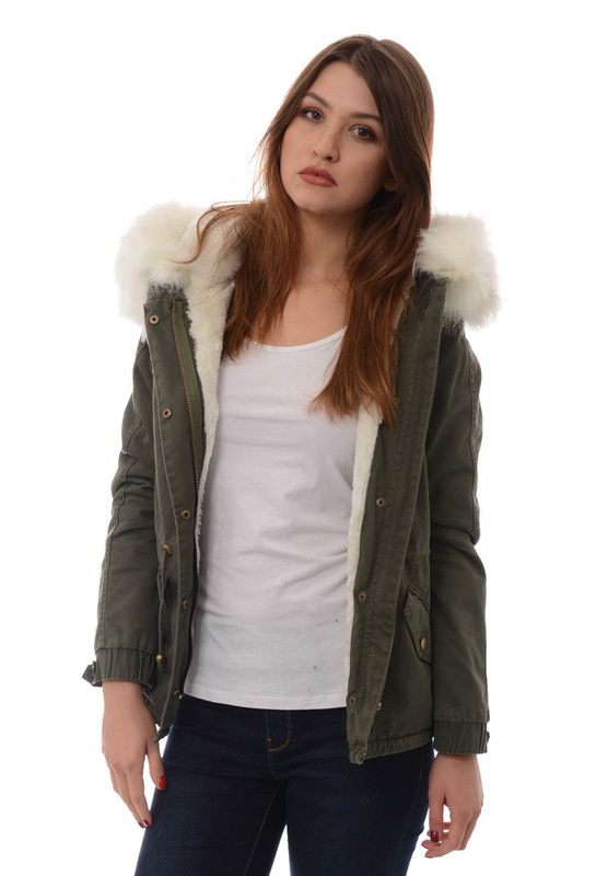 Piękna Damska Kurtka Parka Lora Zielona z Białym Futerkiem