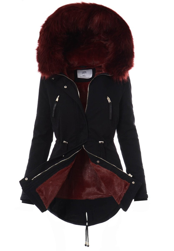 Kurtka Parka Aleksandra Czarna Z Bordowym Futrem