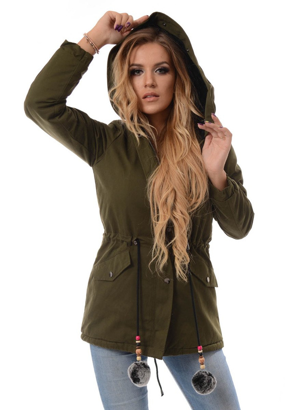 Piękna Damska Kurtka Parka Zielona z Czarnym Futerkiem