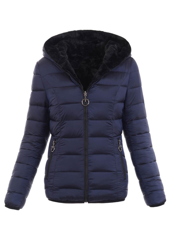 Damska Kurtka Ortalionowa Alina Granatowa z Czarnym Futerkiem
