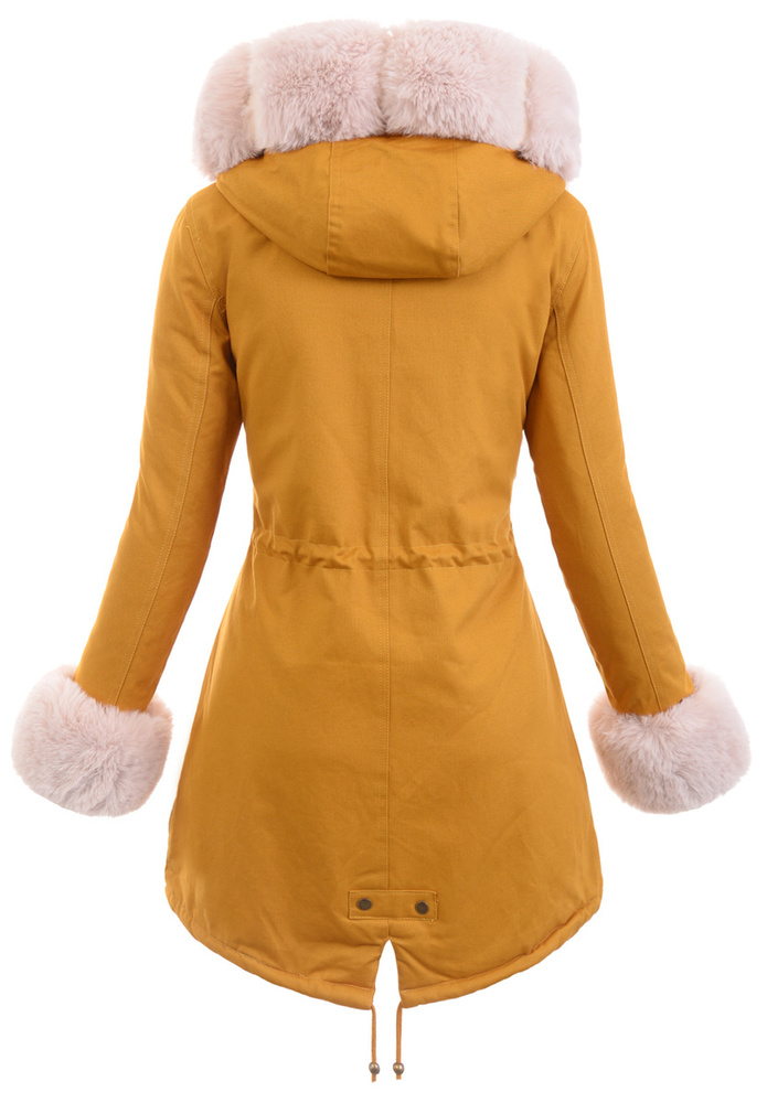 Piękna Damska Kurtka Parka Estera Żółta z Futerkiem Ecru