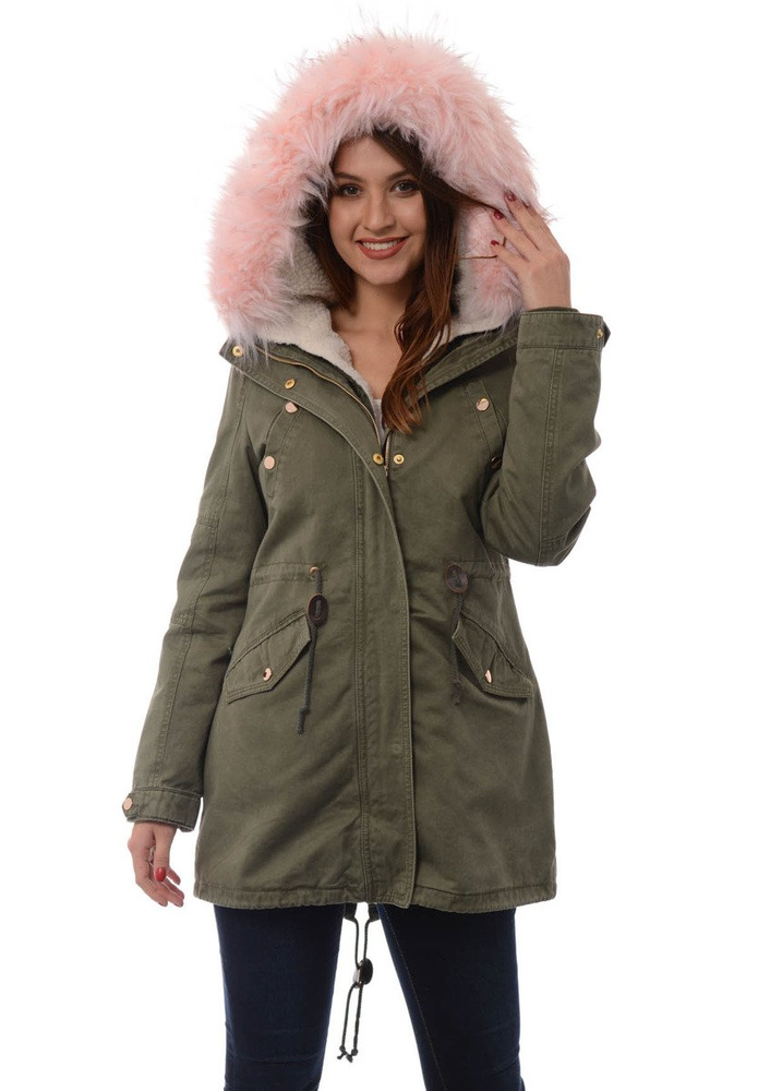 Damska Kurtka Parka Zimowa 2w1 Mila Zielona z Różowym Futerkiem