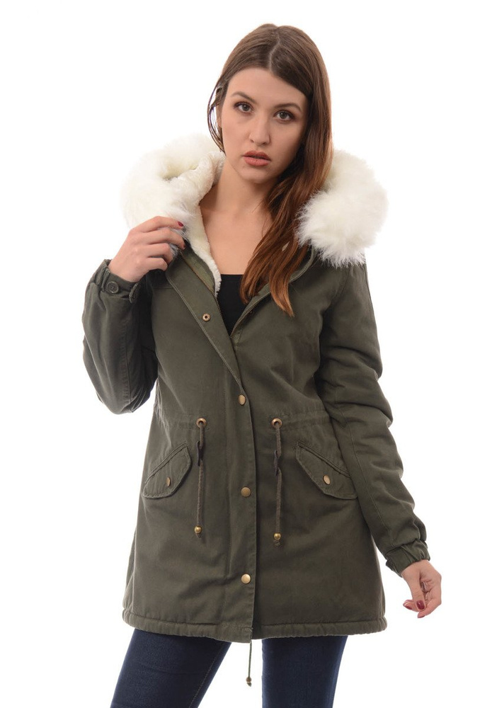 Piękna Damska Kurtka Parka Iwet Zielona z Białym Futerkiem