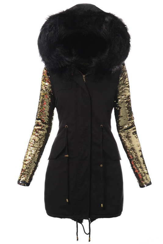 Piękna Damska Kurtka Parka Czarna z Czanym Futerkiem