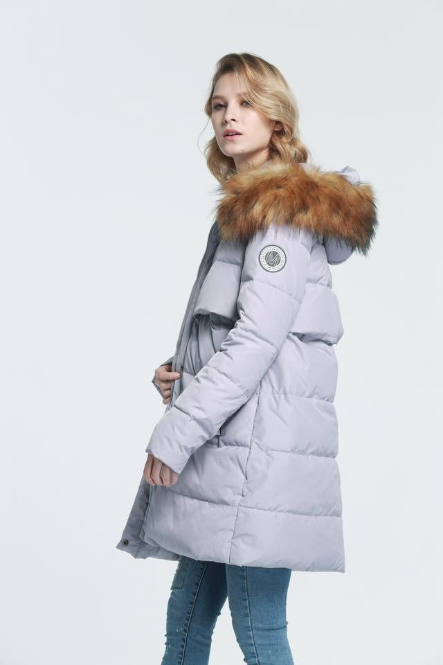 Długa Puchowa Damska Kurtka Zimowa Maya Lawendowa
