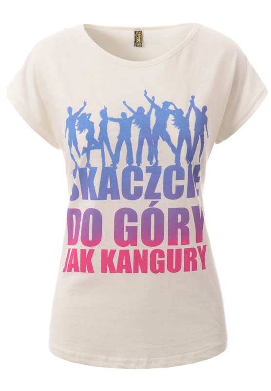 Damska Koszulka Krótki Rękaw T-Shirt Nadruk  SKACZCIE DO GÓRY Ecru