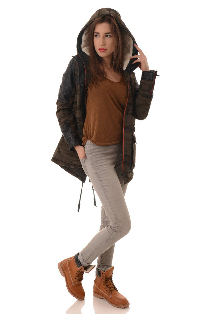 Damska Zimowa Kurtka Parka Płaszcz Moro Oliwkowa