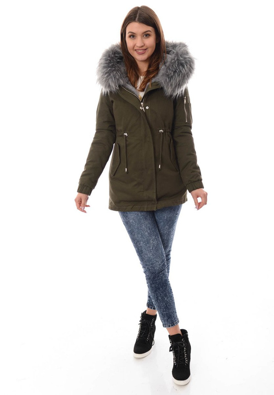 Piękna Damska Kurtka Parka 2w1 Emilia Zielona z Szarym Futerkiem