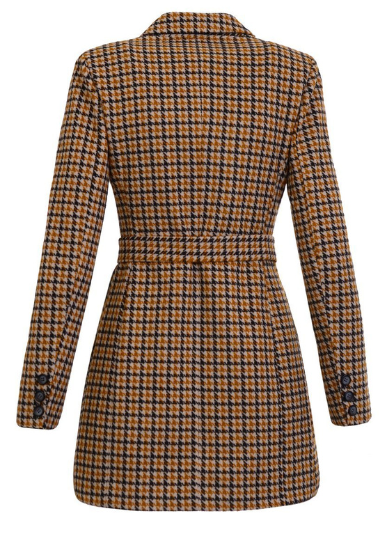 Dzianinowy Płaszcz Wiosenno- Jesienny Pepitka Miodowy