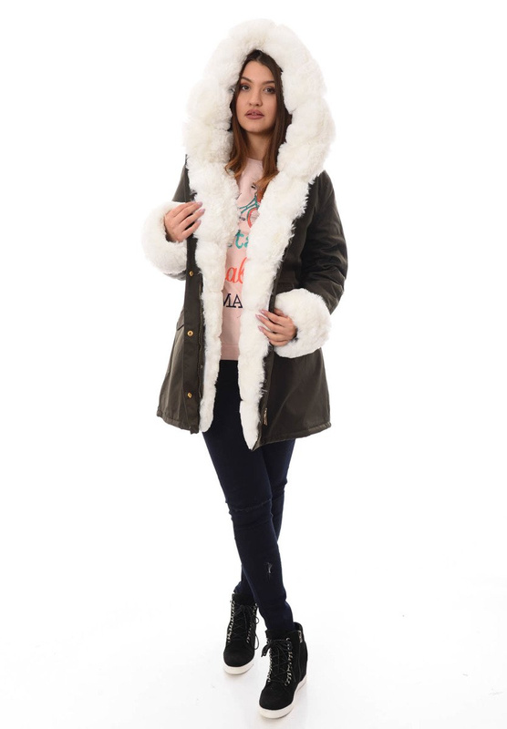 Damska Kurtka Parka Zimowa Patrycja Zielona Z Białym Futrem
