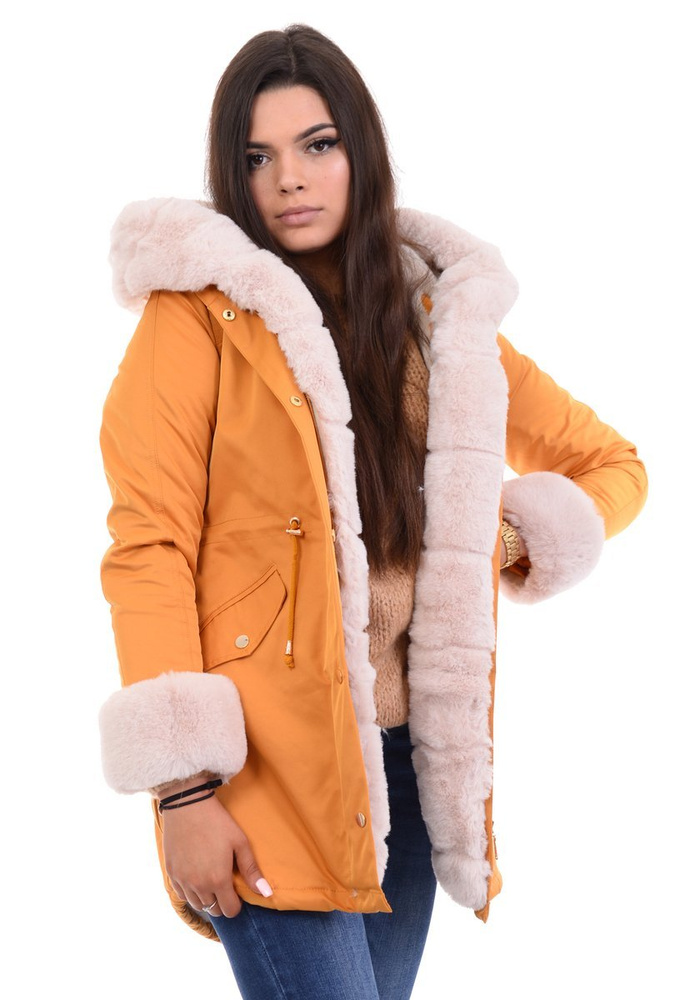 Damska Kurtka Parka Zimowa Wanessa Camel Z Futerkiem Ecru