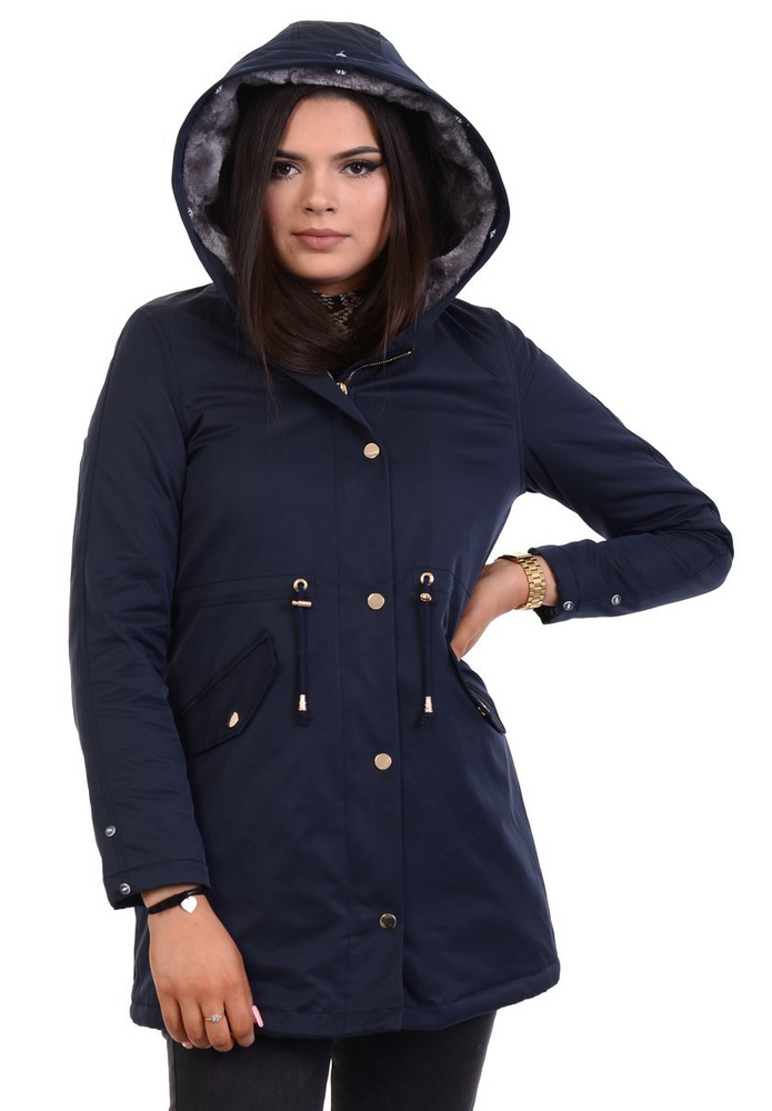 Damska Kurtka Parka Zimowa Wanessa Granatowa Z Szarym Futerkiem