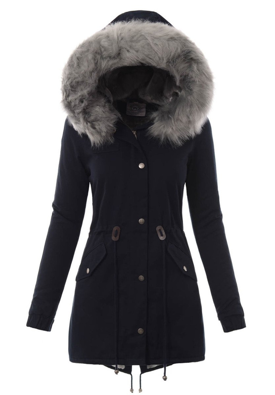 Piękna Damska Kurtka Parka Iwet Ciemno Granatowa Z Szarym Futerkiem